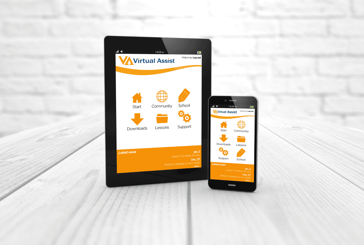 Tablet und Smartphone auf weißem Holztisch